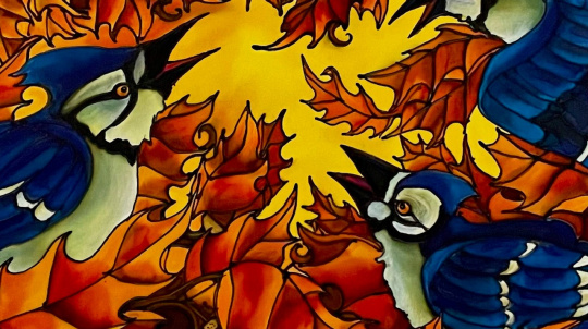 Painting of three bluejays against autumn leaves